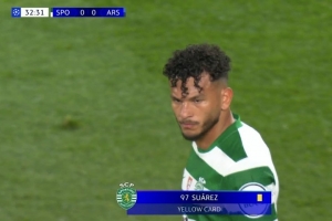 阿森纳vs葡体转播画面显示苏亚雷斯染黄，实际吃到黄牌是守田英正