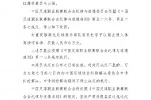 重罚！中足联官方：铜梁龙官员杜宇辱骂裁判染红，禁赛6场罚款6万